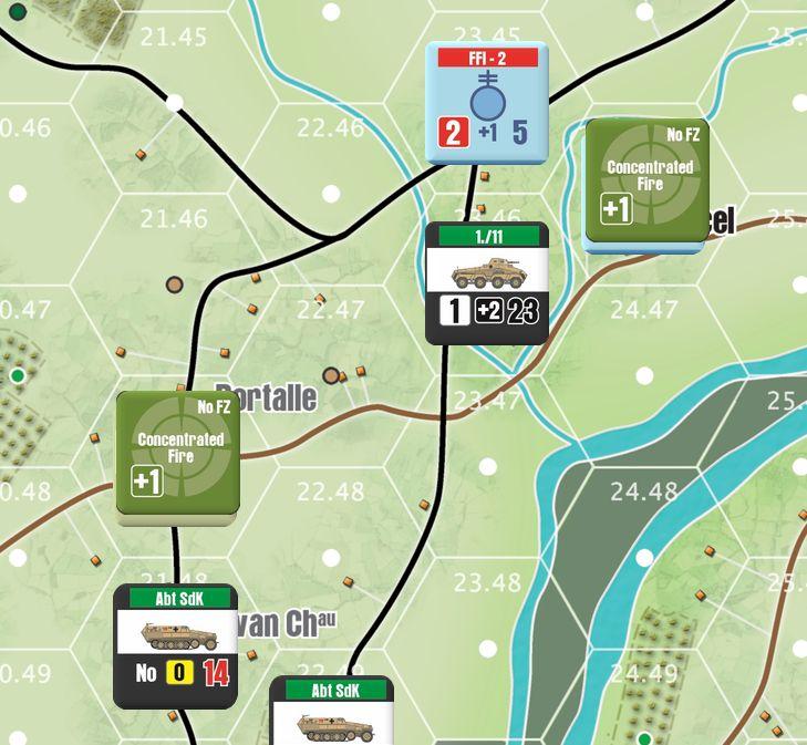 The FFI forces in the east move to contain the German armored cars near St Marcel and the troops that are there open fire although no hits are scored (Note