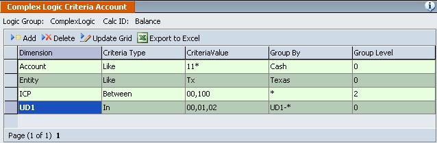 Hyperion FDM Administrator Training Guide Complex Logic Example 2 Figure 13-6 The first row in Figure 13-6 specifies that accounts that begin with 11 will be included in the calculated result for
