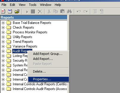 To change security for a report group, right-click on the report group and select Properties.