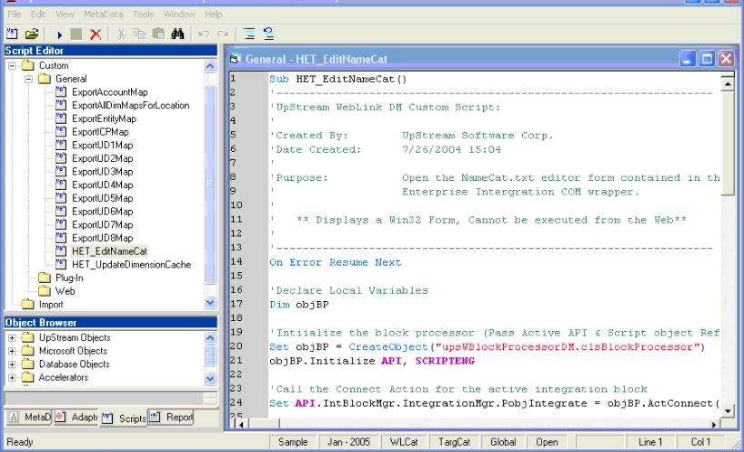 Hyperion FDM Administrator Training Guide Open the Custom\General folder and double-click on the HET_EditNameCat script. The script will be displayed in the right side window (Figure 5-17).