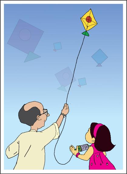 Tejas: Let us add more kites to this photograph of you and your grandfather flying a kite. It will look more colourful. Moz: Apart from inserting text, you can also add shapes in images.
