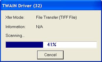 The Twain Driver/Scanning Status pop-up window appears while the documents are being scanned into the system.