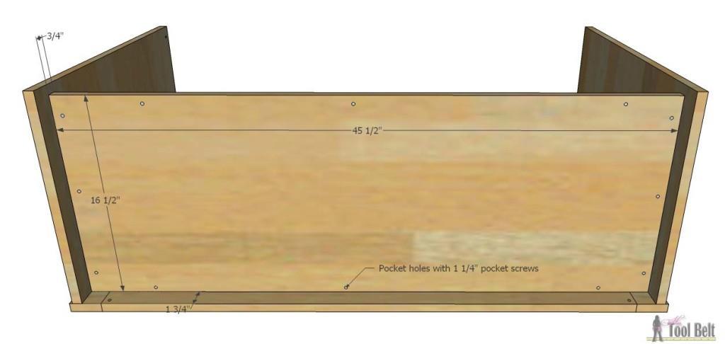 4 Drill pocket holes in the bottom piece (16 1/2" x 45 1/2") to attach to the face frame,