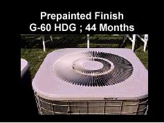 The photos below show the differences between a prepainted, G-60 hot-dipped galvanized part as compared to a spray, post painted, G-90 hot-dipped galvanized part after 44 months