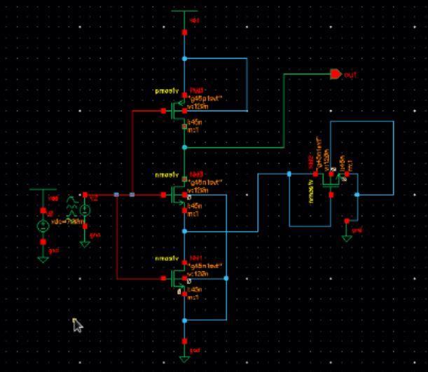 eq.1 Figure 11 shows the 4T Schmitt trigger with one PMOS and 3NMOS circuit to be condensed mainly delay of the circuit where Vdd=0.7 V power supply and Vin is varied 0.7 V to 1.8 V.