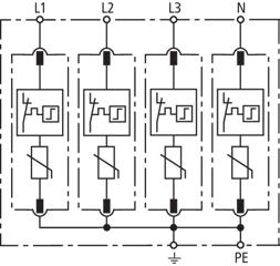 Basic circuit diagram DG M TNS 275 Dimension drawing DG M TNS 275 Type DG M TNS 275 Part No. 952 400 type 2 / class II 230 / 400 V (50 / 60 Hz) Max. continuous operating a.c. voltage (U C ) 275 V (50 / 60 Hz) Nominal discharge current (8/20 µs) (I n ) 20 ka Max.