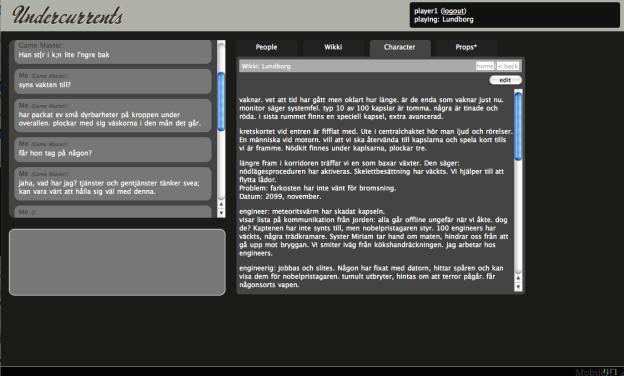 The in-game interface of Undercurrents provides players and GMs with a selective messaging system and access to both the public wiki and their own wiki.