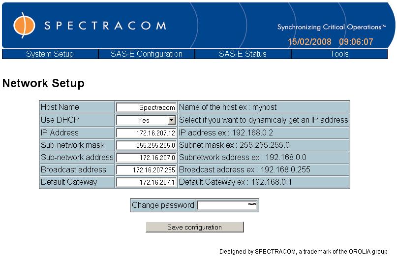 EPSILON Switch & Amplifier System E Spectracom 4.1.5 Network Setup Page This page allows the user to modify the Network connection parameters. 1) Host Name: Unique name of the SAS-E in the network.