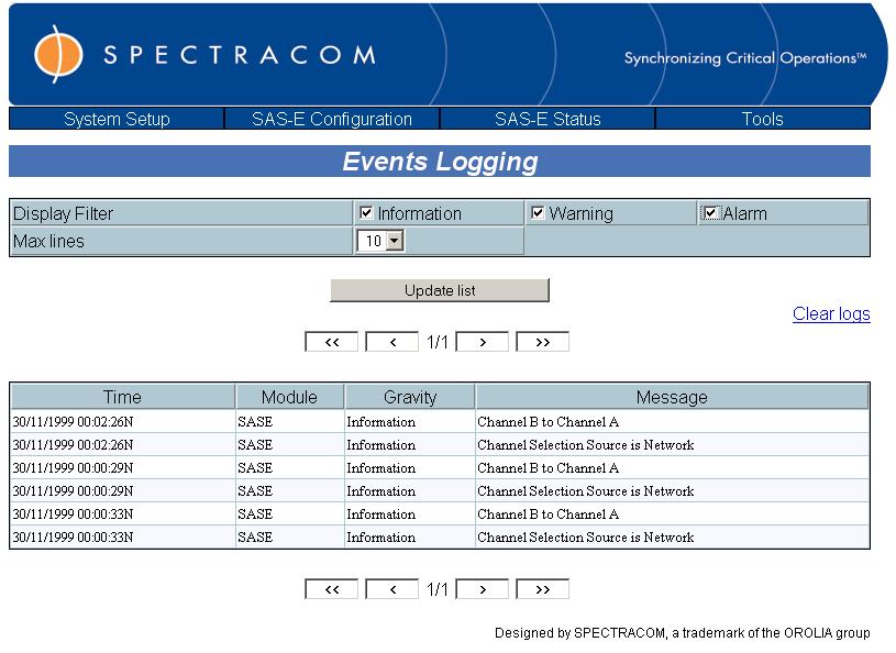 EPSILON Switch & Amplifier System E Spectracom 4.1.8 Tools 4.1.8.1 Event Logging This page displays the recording of events detected (alarms, warning, information) within the SAS-E.