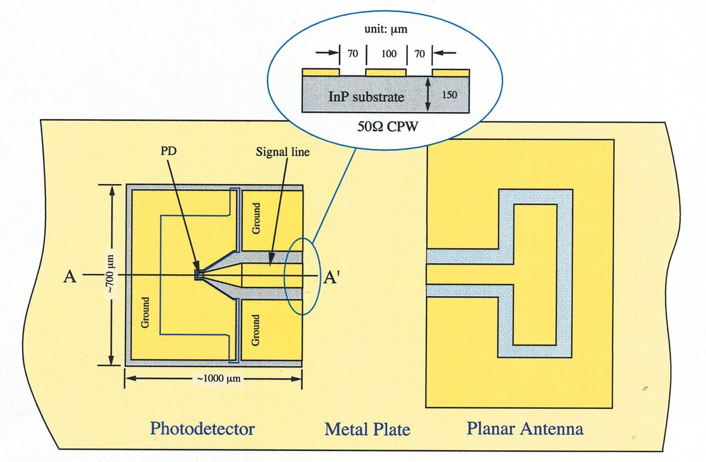 Fig.4 Configuration of a photodetector and a planar antenna to be integrated with the PD Fig.5 Coplanar patch antenna (CPA) with a coplanar feeding structure Fig.