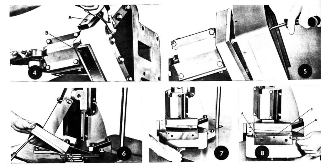 REMOVING BLADES To Remove Blades Remove work table and turn Notcher on its side. Remove the six bolts holding the lower Notching Blades and the two bolts holding supports A and B (photo ).