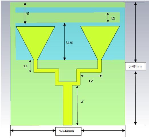 Table 1 shows the dimensions of the designed antenna Design parameter Length in mm L 48 W 44 L1 8.2 L2 5 Lg 24 Lt 15.6 Wt 3 A 15 B 13 h 1.4 B.