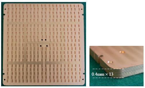 Figure 3.2 The fabricated double layer 20 20 slots array (left) and the architecture of the array(right).[19] A 16 16 element slot array has utilizing 2 2-element sub-arrays is designed in [20].
