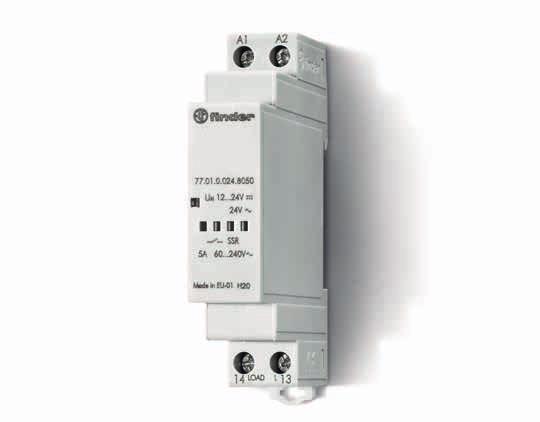 77 Modular Solid State Relay 5 A 77 5 A modular SSR, 1 NO AC output 17.5 mm housing 60 to 240 V AC output (with back to back SCR) 5 kv (1.