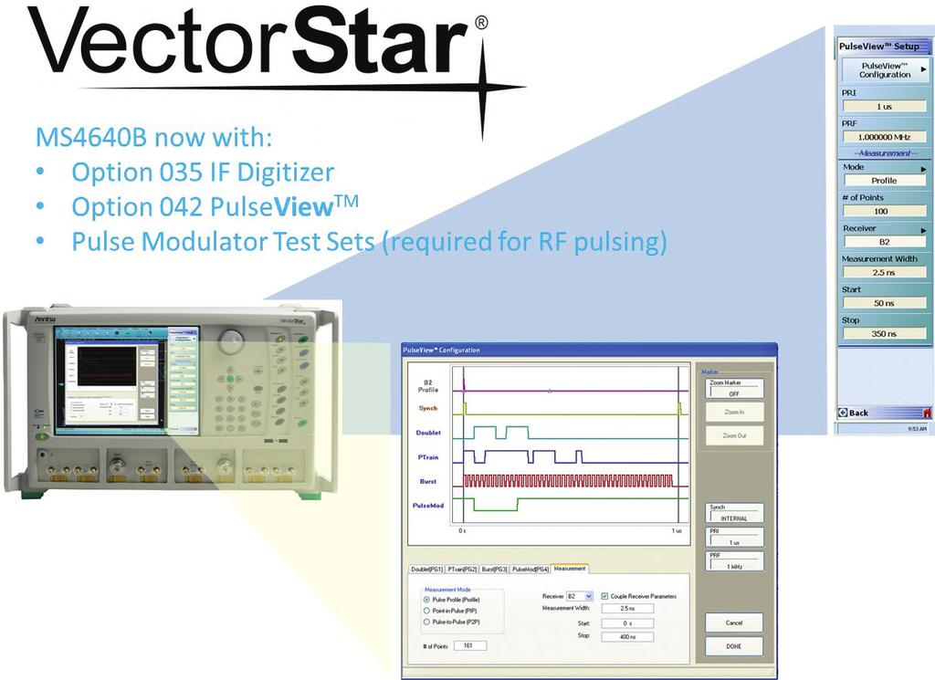 Application Note Pulse Measurements The Anritsu VectorStar MS4640B series of Vector Network Analyzers are capable of generating and measuring pulsed signals when equipped with Option 035 IF Digitizer