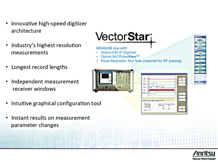 VII. Summary The Anritsu VectorStar MS4640B series of Vector Network Analyzers are capable of generating and measuring pulsed signals when equipped with Option 035 IF Digitizer and Option 042