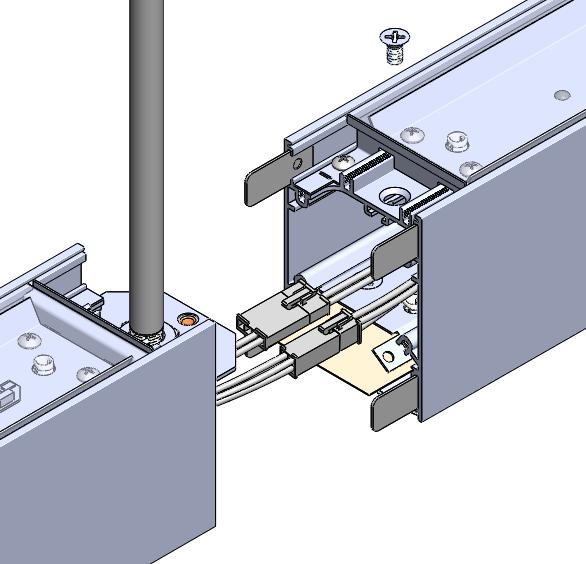 Attach power and dimming harness connectors from the fixture to the power cord in power locations. (Tuck in fixture) (Attach to Feed harness) Power feed connectors Guides are used to align fixtures.