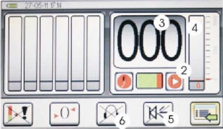 Digital display of the current measurement value Six bars for the bar graph and the numerical display of the previous measurements. The first measurement is displayed in position 1 (on the left).