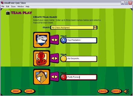 Figure 27. Team Play Create Team Names screen (Win) Players join the game by using their CPS response pad from the Select Teams screen.