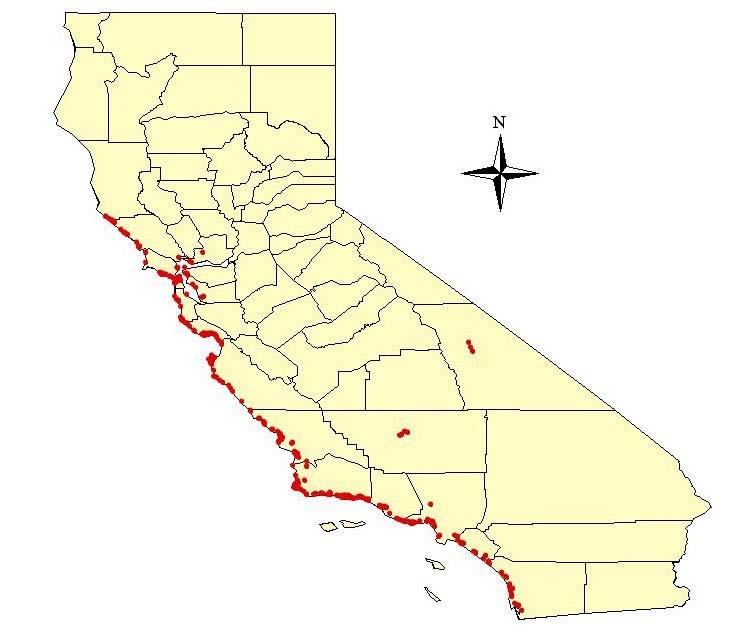 Figure 1. Location of monarch overwintering sites in western North America. Se
