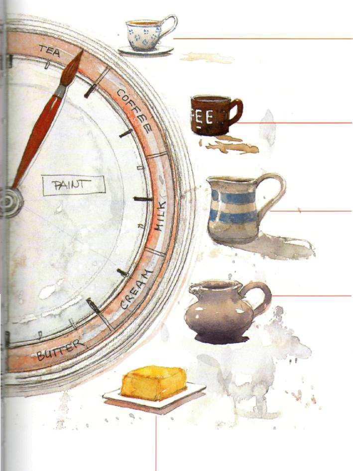 Here's how it would look on the watercolor clock: WHICH PIGMENT IN ORDER TO GET A SPECIFIC EFFECT THIS SIDE OF THE CLOCK REPRESENTS THE PALETTE WITH VARYING CONSISTENCIES OF WATERCOLOR MIX: TEA,