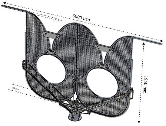 The resulting antenna is globally mainly planar and fully planar on the radiating part (30 mm thick). Overall dimensions are 3 m long by 1.95 m height and the global mass is 50 kg.