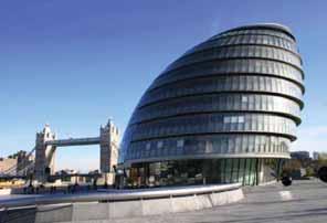 The Norman Foster designed London City Hall, known as "The Glass Egg", is a building that from the front looks like a boiled egg.