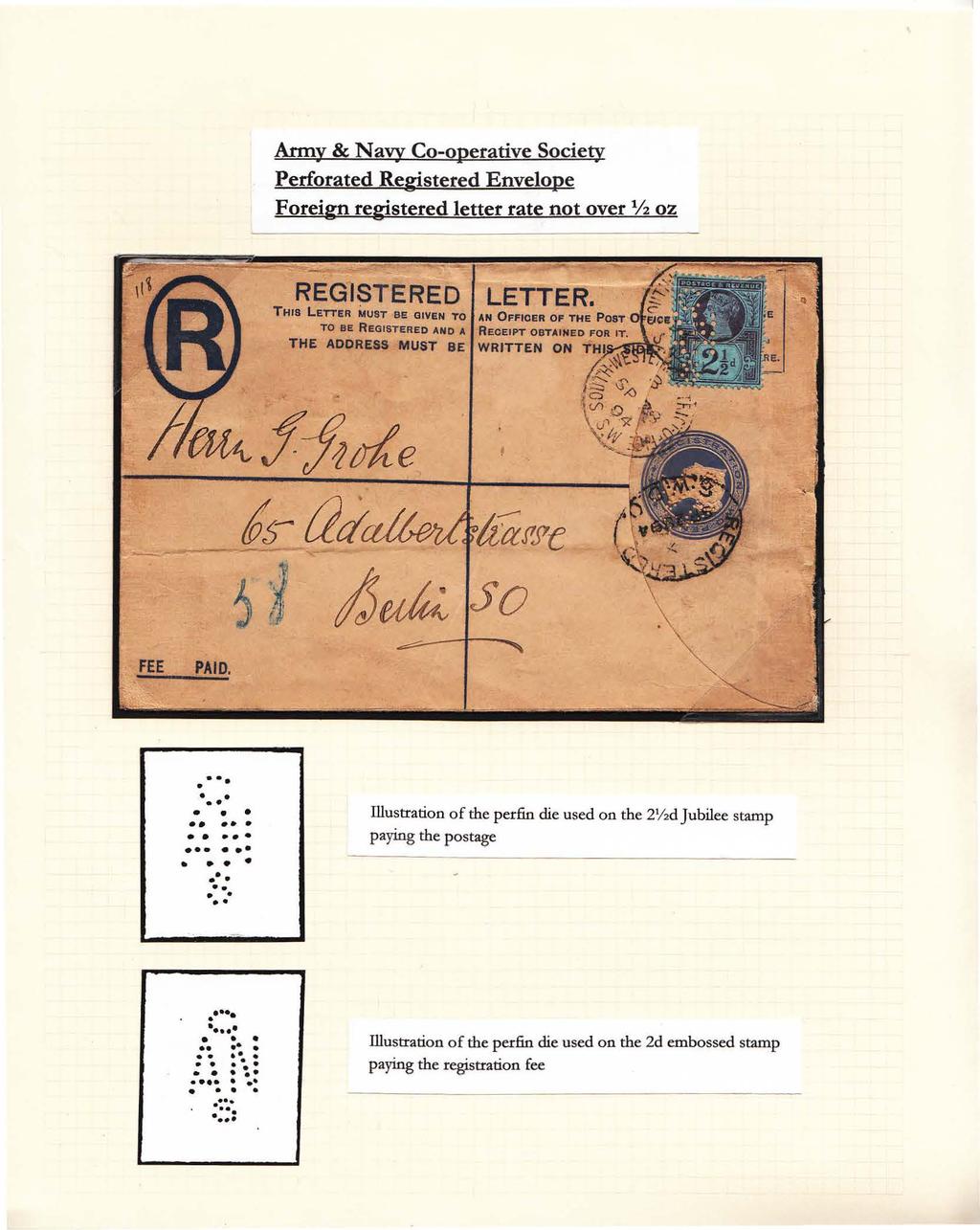 Army & Navy Co-operative Society Perforated Registered Envelope Foreign registered letter rate not over% oz REGISTERED THIS LETTER MUST BE QIYEN T O TO BE REGISTERED AND A THE ADDRESS MUST BE