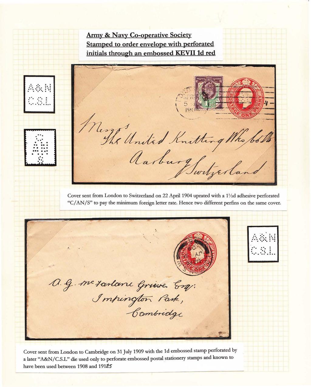 Army & Navy Co-operative Society Stamped to order envelope with perforated initials through an embossed KE