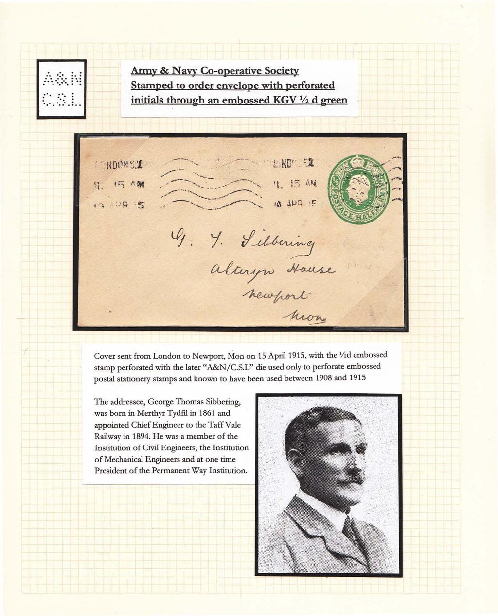 :. : :. :.:....... : :. :........ : Army & Navy Co-operative Society Stamped to order envelope with perforated initials through an embossed KGV % d green ii. ' ~ {\-,.,.. :_; p '5 ~.