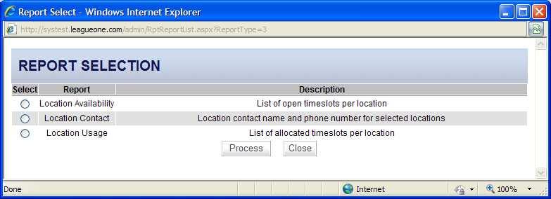 Location Reporting The location screens have a Reports button which will display a selection of Location