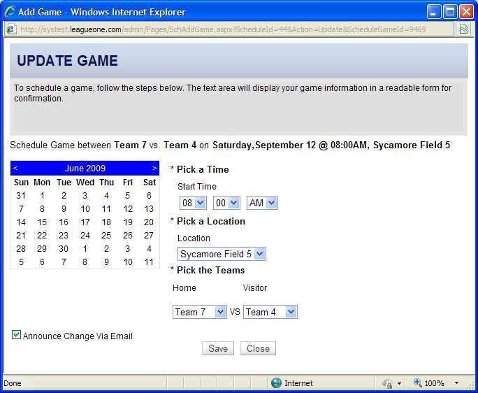 Figure 32 - Edit A Game You can change the date, time, fields and teams.