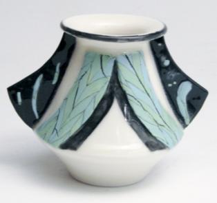 75 ) 2240F oxidation firing $60 1198 Vase in white Translucent Porcelain with 2 sleeve or wing-like handles, wheel thrown, and hand built with