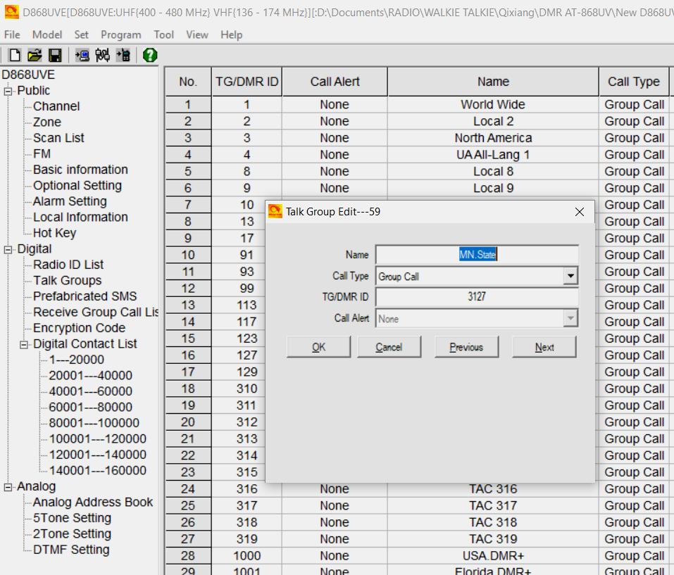STEP 1 TALK GROUP (DIGITAL CONTACT) LIST The AT-D868UV program looks like an excel spreadsheet once opened, and the left side defines the many aspects of programming.