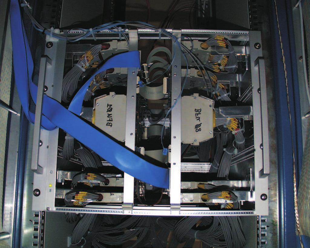 Figure 2: View into the Bump Finder crate containing 2 units, one for each calorimeter hemisphere. In the Bump Finder unit the jets are found in real-time.