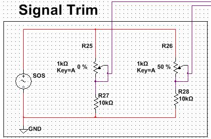 11 The output of the first 551 op amp then splits off into two areas: one towards the parallel resistors for trim pot out 1A and 1B, and the other into the inverting side of our second 551 op amp.