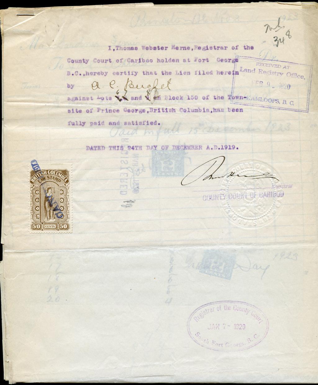 BCL25-50c on attached group of 9 lien related early 1920 s documents. 2 of the other documents have FX36 affixed and one has a pair of FWT7 War Tax affixed.