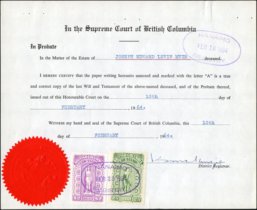 BCL23-25c + BCL54-$2 on Very pretty small 1964 BC Probate document.