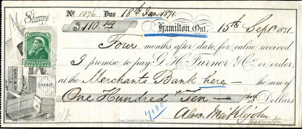 Hamilton, Ont. 15th Sept. 1871 - $110.49 promissory note. Stamp rate was 3c per $100 or portion thereof and is properly paid by FB43-6c green.