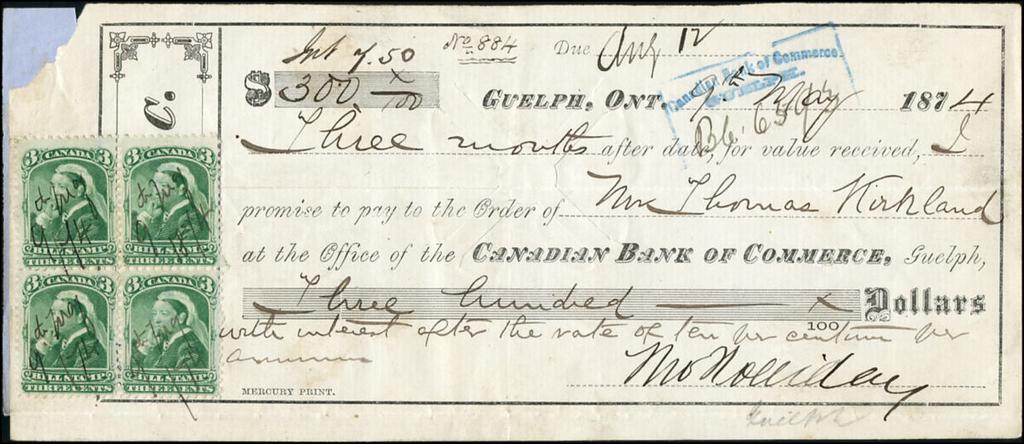 30c value is scarce on document and without the 2 bits of paper would sell for $50 and up - $35 (±US$28) FB40-3c BLOCK OF 4 on 1874 Guelph, Ontario Canadian Bank of Commerce $300 note.