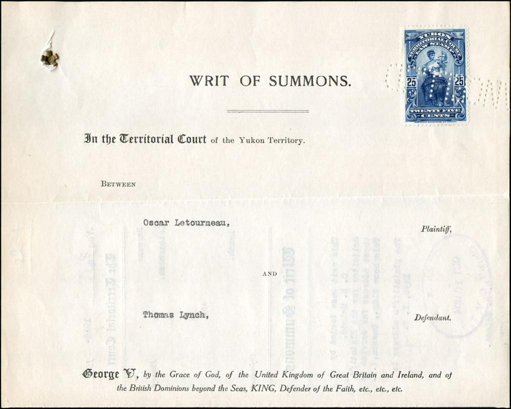 YL8 on 1924 Writ of Summons. Complete 1 page legal size document.
