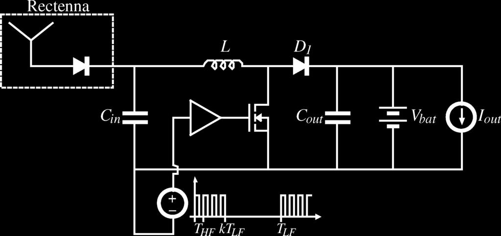 Circuit diagram of the converter portion of the power management module. I out represents the load on the battery presented by the control, sensing, and transmission circuitry. Fig. 8.