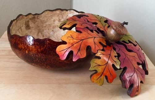 Students will wood burn, cut and color their gourd to represent the brilliant colors of the Virginia fall foliage. The bowl will be topped with a student created faux acorn embellishment.
