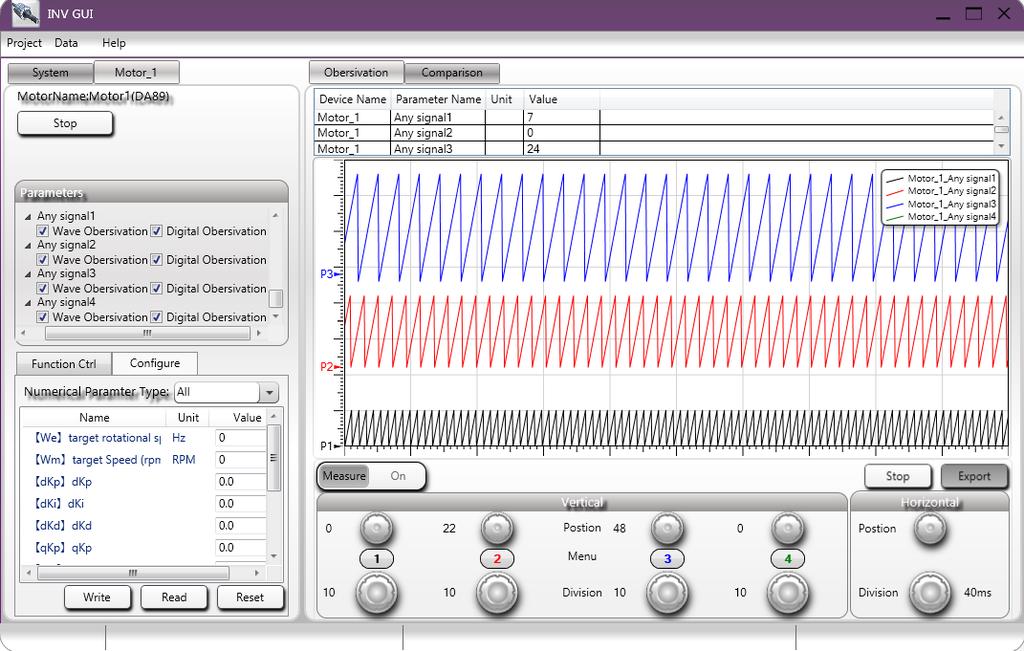 Human Interface - MGI MGI (Motor graphical interface) is a real-time monitor and data visualization tool that is designed for motor control especially. You could control and debug motor by MGI.