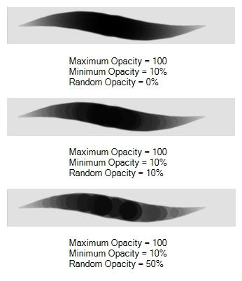 Chapter 2: Tools Properties NOTE: Setting the Minimum Opacity value to 100% eliminates the possibility of creating opacity variation on your stroke, whether you are applying randomness or not.