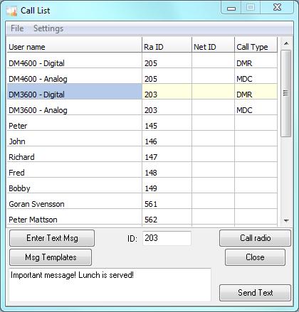 The operator can choose name and number from the list or enter a free number in the ID box and then call the radio with the push of a button or a double click.