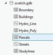 j) Expand the scratch geodatabase to verify the Parcels feature class has been added.
