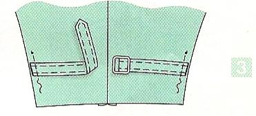 ) Latch Fold latch pieces at wrap line, right side inside. Stitch long sides onto another, continuously stitching the tip of the left latch. Trim seam allowances. (2) Turn latch.