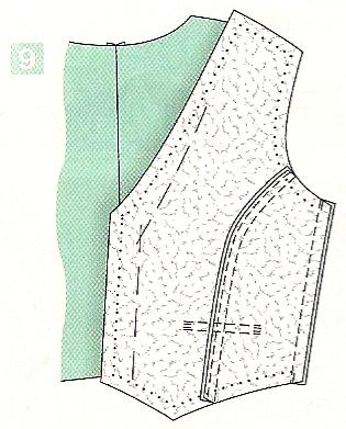 Place front pieces right sides facing onto the back piece, pin side seams. Stitch. (9) Fold apart and iron seam allowances. (9) 7.) Lining Stitch the middle seam of the back; leaving ca.