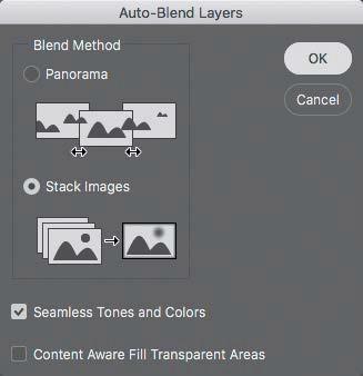 7 Choose Edit > Auto-Align Layers. Because these images were shot from the same angle, Auto will work just fine. 8 Select Auto, if it isn t already selected.